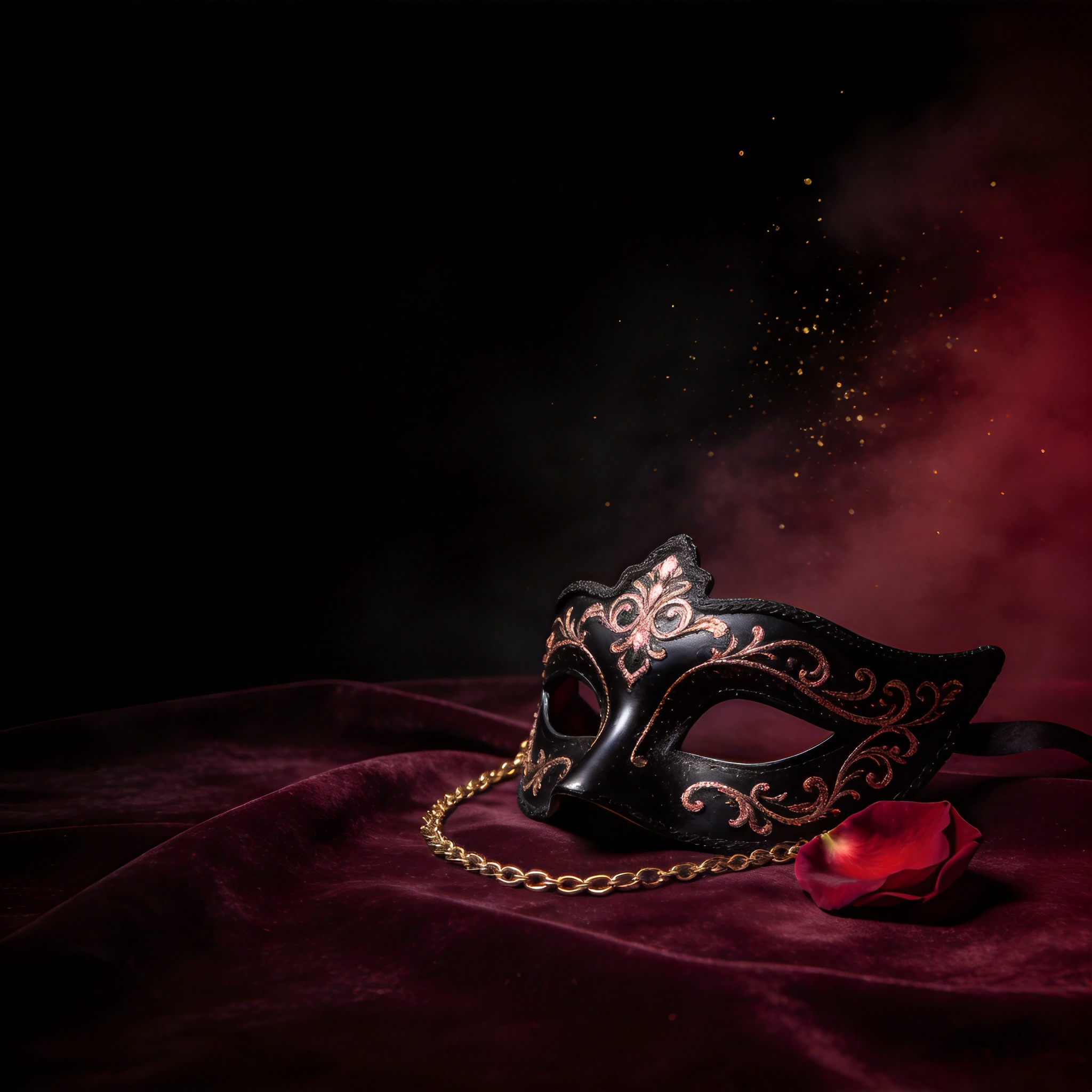 A black masquerade mask with rose-gold filigree on dark wine-red velvet